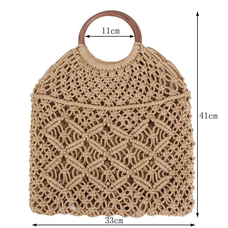 New portable woven bag Tidal women’s straw woven bag Handmade cotton rope net pocket beach bag