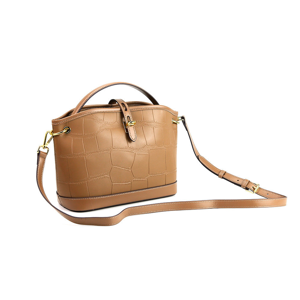 Designer Crocodile Pattern Cowhide Leather Bucket Tote Bag With Long Strap