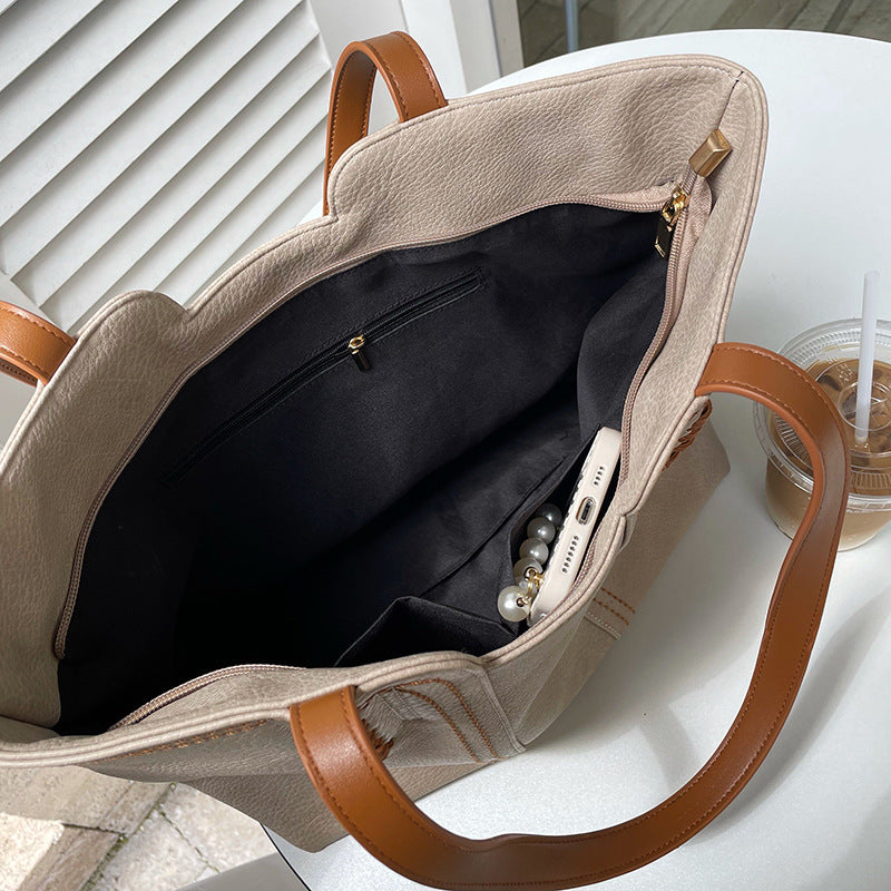 New Fashion Simple Tote Bag Retro Large Capacity Portable Soft Faux Leather Tote Shoulder Bag for Women