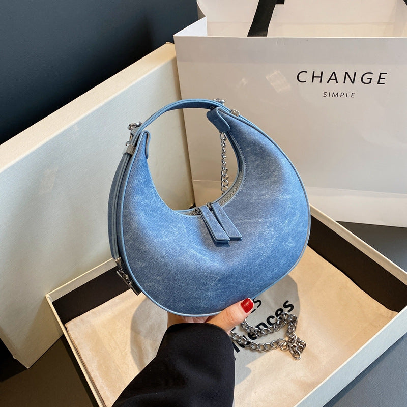 New design PU luxury ladies handbag half moon shape underarm bag women crossbody bag with chain