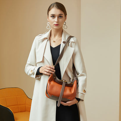 Hand-held top grain bucket bag female color matching high-end shoulder bag niche messenger bag tide