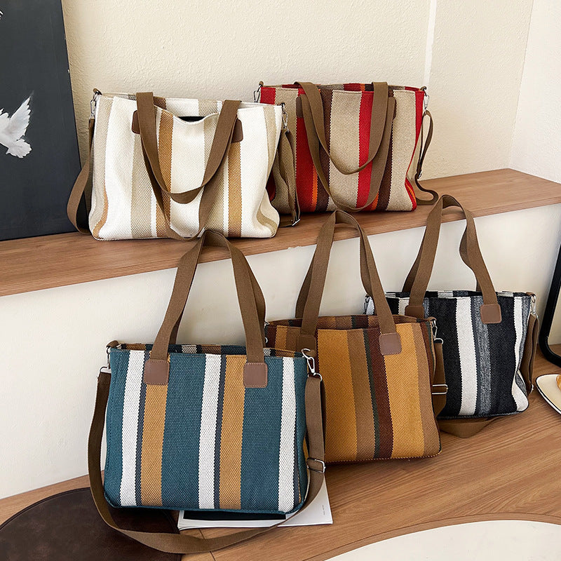 New Fashion Women’s Tote Bag Ladies Shoulder Crossbody Large Capacity Canvas Stripe Tote Bag
