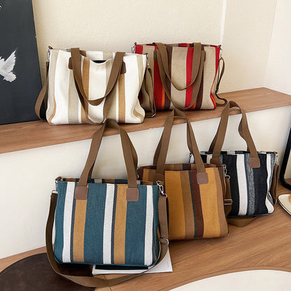 New Fashion Women’s Tote Bag Ladies Shoulder Crossbody Large Capacity Canvas Stripe Tote Bag
