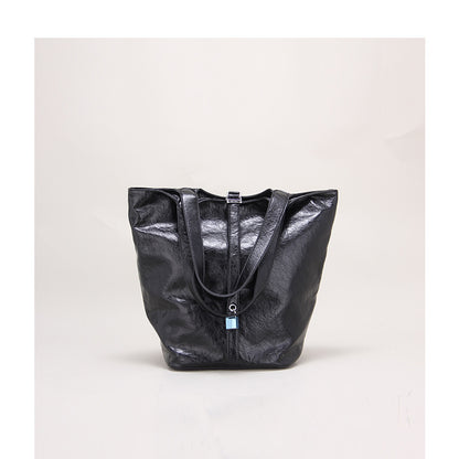 Retro Tote Basket Bag with Lock Large Capacity Bucket Bag Soft PU Leather Shoulder Bag for Women