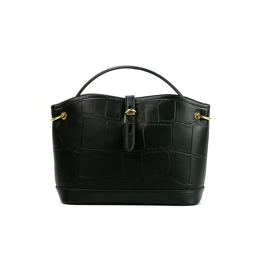 Designer Crocodile Pattern Cowhide Leather Bucket Tote Bag With Long Strap