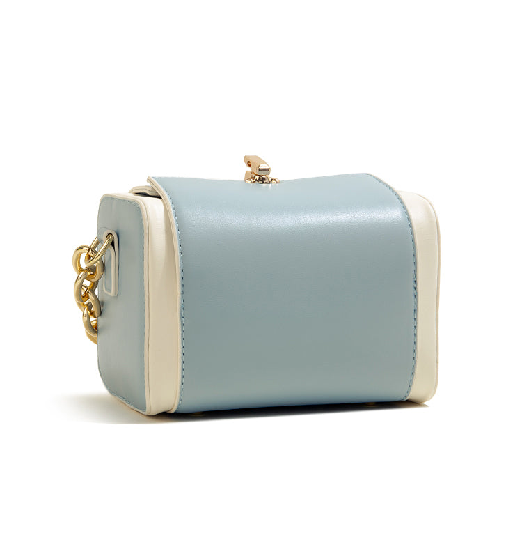 Newest Contrast Color Box PU Leather Clutch Bag Korean Style Sling Crossbody Shoulder Bag With Acrylic Chain