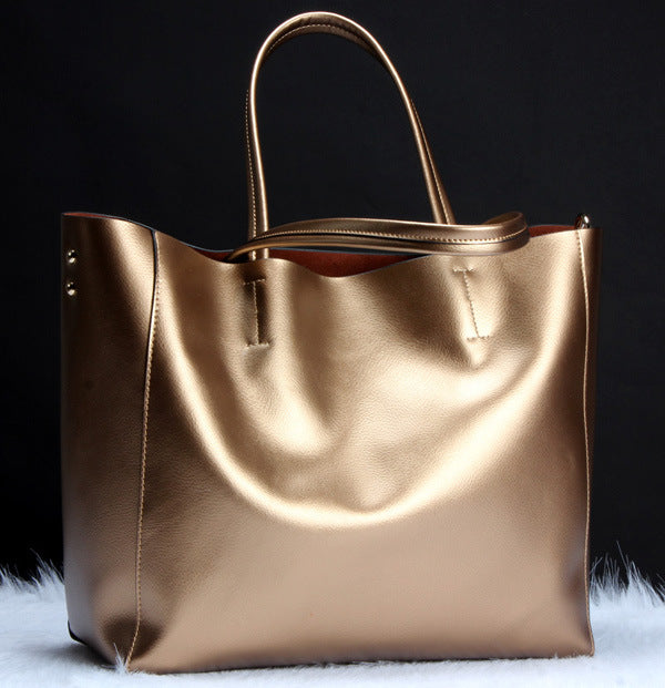 Women Real Leather Bag Fashion Tote Bag Ladies Handbag Gold Silver Tote Bag