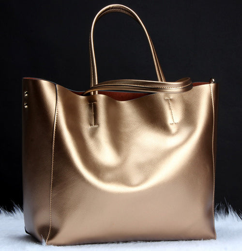 Women Real Leather Bag Fashion Tote Bag Ladies Handbag Gold Silver Tote Bag