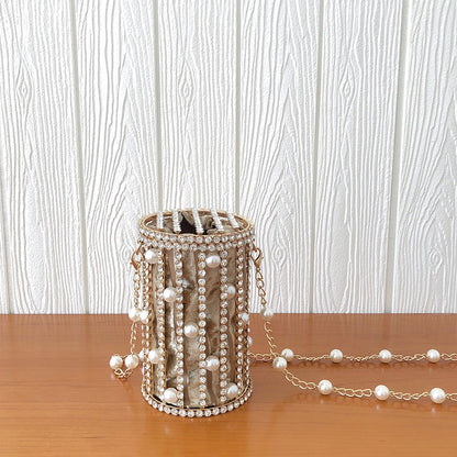 Cylindrical Pearl Rhinestone Metal Cage EVening Party Purse Ladies Beaded Chain Bucket Shoulder Bag