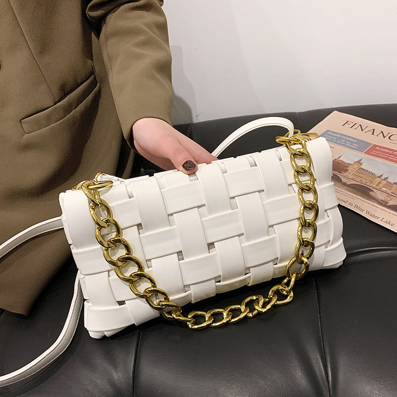 PU Leather Woven Handbag Purse Thick Gold Chain Ladies Crossbody Messenger Bag Chic Square Braid Shoulder Bags