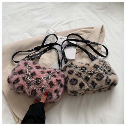 2026 new leopard print faux fur handbag women’s fluffy shoulder bag with chain ladies plush bag