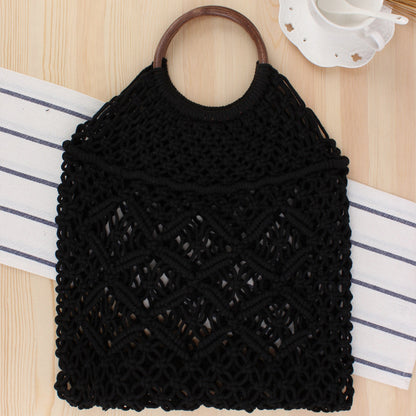 New portable woven bag Tidal women’s straw woven bag Handmade cotton rope net pocket beach bag