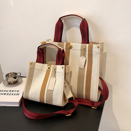 2026 New Vintage Tote Bag Tidal Canvas Stripe Student Shoulder Crossbody Tote Bag