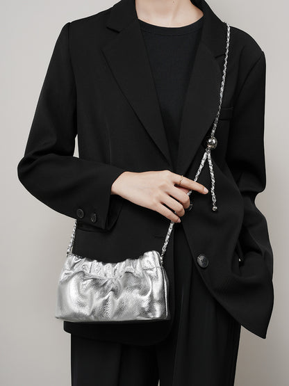 2026 real cowhide leather cloud pleated bag shoulder luxury designer lady fashion crossbody all-match chains Handbags