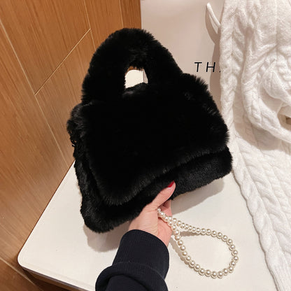 2026 new fashionable faux fur tote handbag women’s crossbody furry bag pearl chain plush hand bag