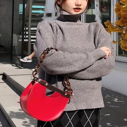 Fashion Design Acrylic Chain Hand Single Lady Shoulder Sling Bag Crossbody Women Half Circle Saddle Bag