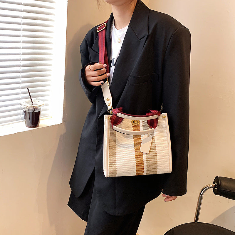 2026 New Vintage Tote Bag Tidal Canvas Stripe Student Shoulder Crossbody Tote Bag