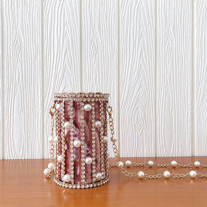 Cylindrical Pearl Rhinestone Metal Cage EVening Party Purse Ladies Beaded Chain Bucket Shoulder Bag