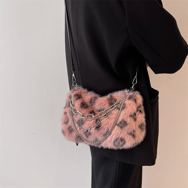 2026 new leopard print faux fur handbag women’s fluffy shoulder bag with chain ladies plush bag