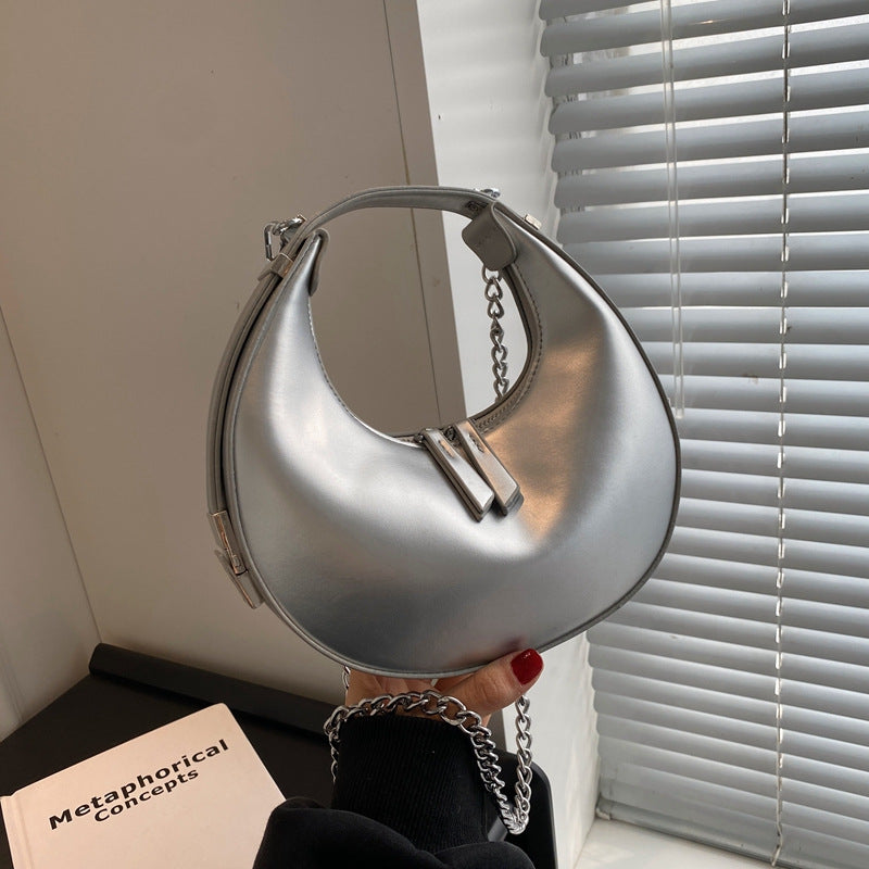 New design PU luxury ladies handbag half moon shape underarm bag women crossbody bag with chain