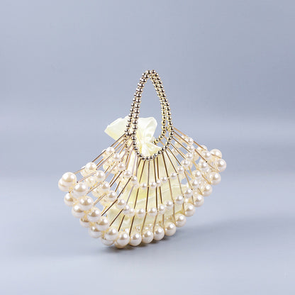 Pearl Hollow Copper Tube Beaded Fan Shape Ladies Dinner Clutch Hand Braided Bag Niche High Quality Handbag