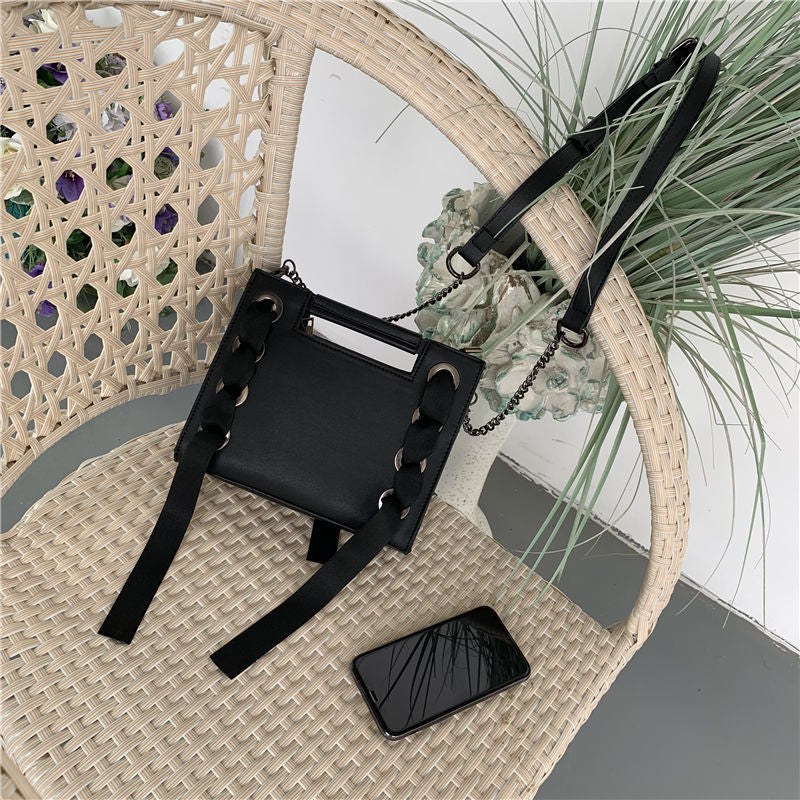 Vintage Black Ribbon Large Tote  Handbags Drawstring Satin Crossbody Bags Chain Shoulder Bags