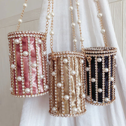 Cylindrical Pearl Rhinestone Metal Cage EVening Party Purse Ladies Beaded Chain Bucket Shoulder Bag
