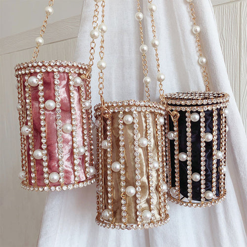 Cylindrical Pearl Rhinestone Metal Cage EVening Party Purse Ladies Beaded Chain Bucket Shoulder Bag