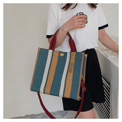 2026 New Vintage Tote Bag Tidal Canvas Stripe Student Shoulder Crossbody Tote Bag