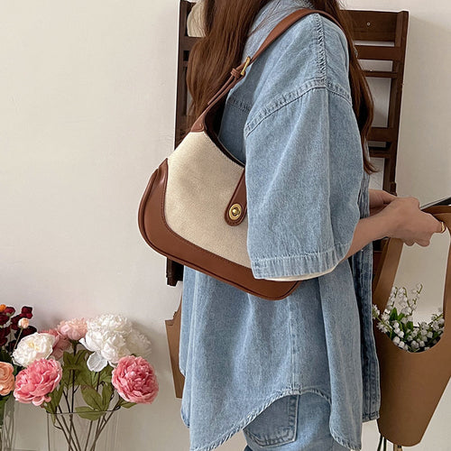 2026 new bag retro French canvas patchwork shoulder bag color bump handbag