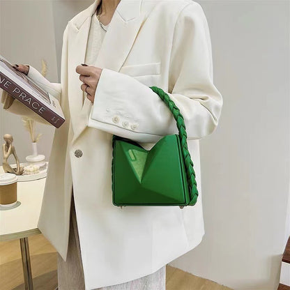 Triangle Bucket Handbags Women Clutch Purse Lady  PU Leather Shoulder Bags With Weaving Handle tas wanita