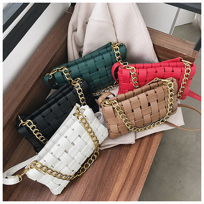 PU Leather Woven Handbag Purse Thick Gold Chain Ladies Crossbody Messenger Bag Chic Square Braid Shoulder Bags