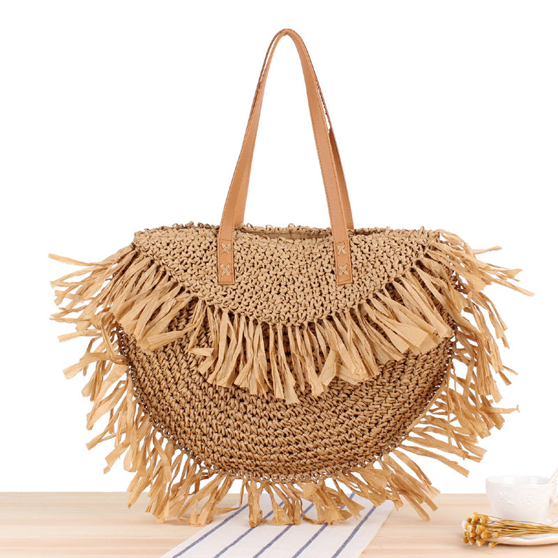 New half-round tassel shoulder straw bag fashion woven beach bag