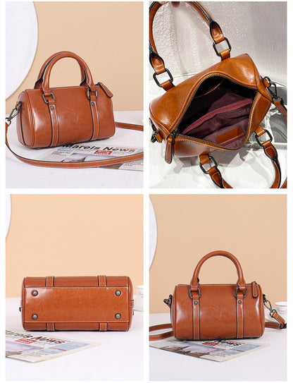 Oil Wax Cowhide Handbag 2026 New Trendy Womens Crossbody Handbag Boston Pillow Bag Genuine Leather Handbag