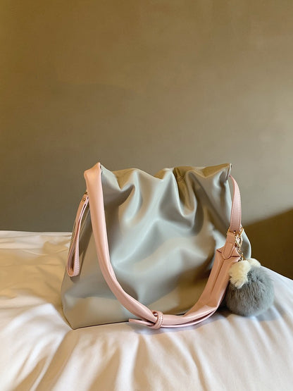 Women’s Bucket Tote Bag Zipper Closure Soft PU Leather Large Capacity Morandi Niche High Sense One Shoulder Tote Bag