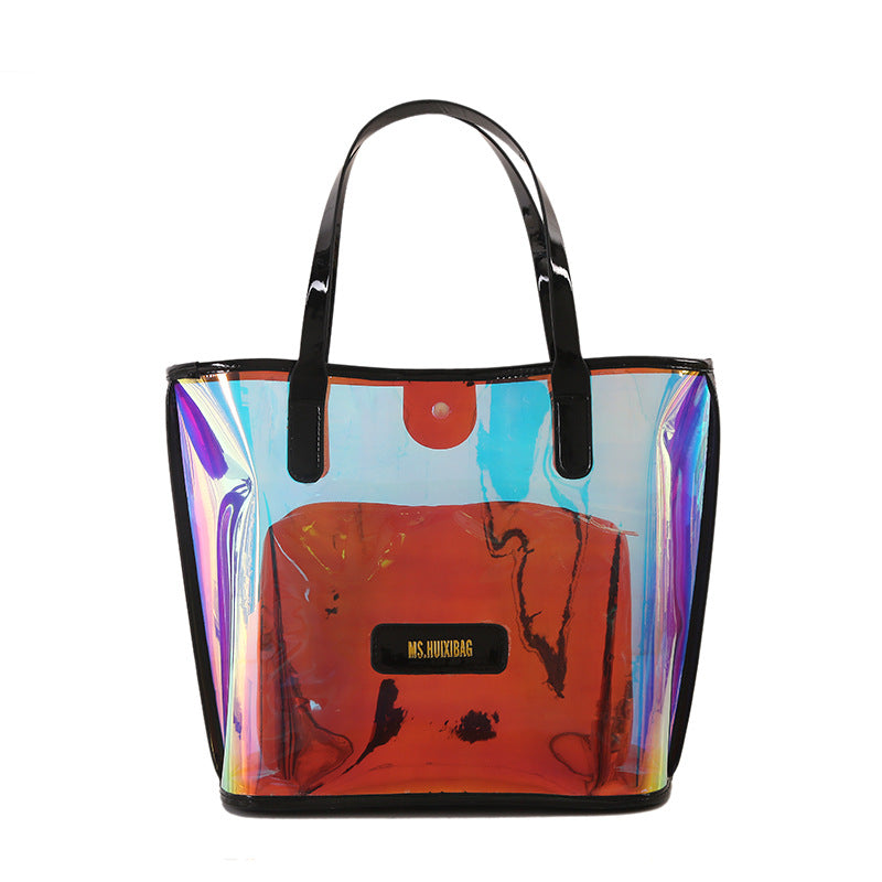 Fashion PVC Shoulder Tote Bag with Inner Pouch Funky Holographic Beach Bag Letter Patch Decor PVC Clear Bag