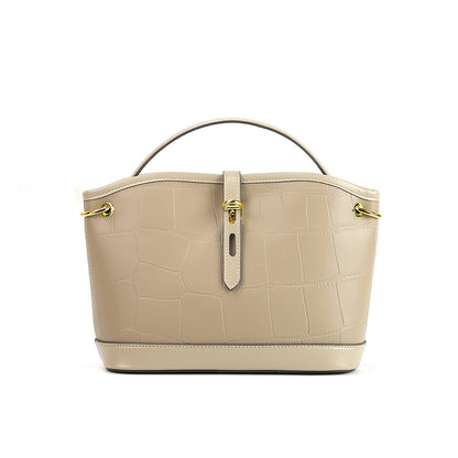 Designer Crocodile Pattern Cowhide Leather Bucket Tote Bag With Long Strap