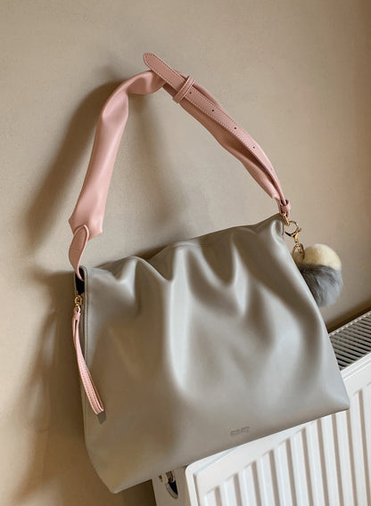 Women’s Bucket Tote Bag Zipper Closure Soft PU Leather Large Capacity Morandi Niche High Sense One Shoulder Tote Bag