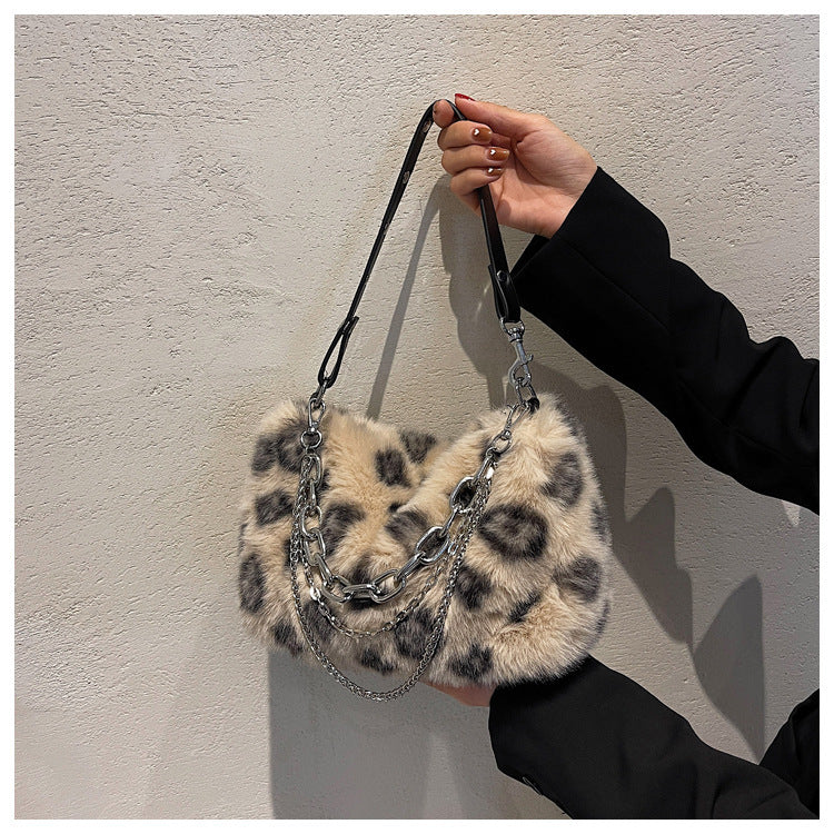 2026 new leopard print faux fur handbag women’s fluffy shoulder bag with chain ladies plush bag