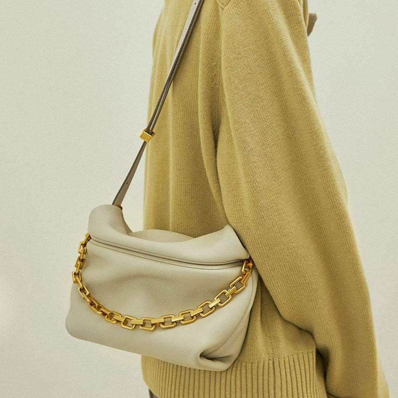 Bag women’s genuine leather soft and thick cow leather unique fold cloud bag with chain ladies shoulder bag