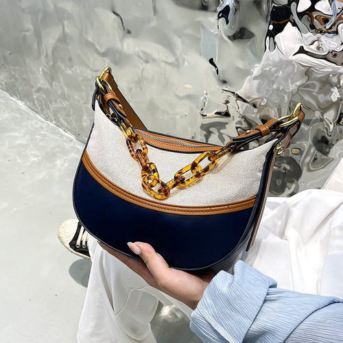 Canvas plus PU Shoulder Bag Underarm Messenger Bag PU Leather Ladies With Acrylic Chain