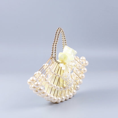 Pearl Hollow Copper Tube Beaded Fan Shape Ladies Dinner Clutch Hand Braided Bag Niche High Quality Handbag