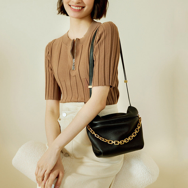 Bag women’s genuine leather soft and thick cow leather unique fold cloud bag with chain ladies shoulder bag