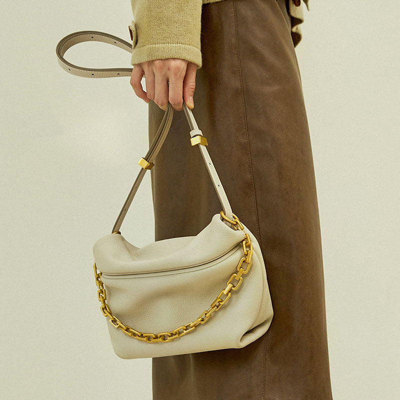 Bag women’s genuine leather soft and thick cow leather unique fold cloud bag with chain ladies shoulder bag