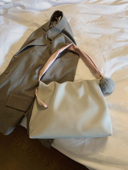 Women’s Bucket Tote Bag Zipper Closure Soft PU Leather Large Capacity Morandi Niche High Sense One Shoulder Tote Bag