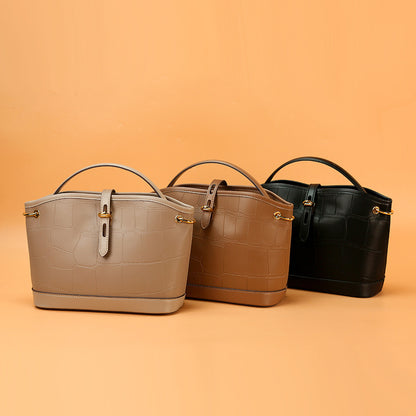 Designer Crocodile Pattern Cowhide Leather Bucket Tote Bag With Long Strap