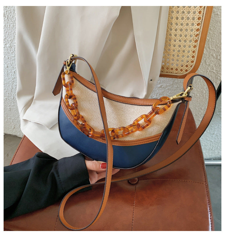 Canvas plus PU Shoulder Bag Underarm Messenger Bag PU Leather Ladies With Acrylic Chain