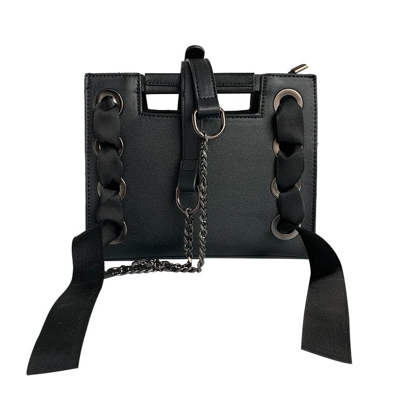 Vintage Black Ribbon Large Tote  Handbags Drawstring Satin Crossbody Bags Chain Shoulder Bags