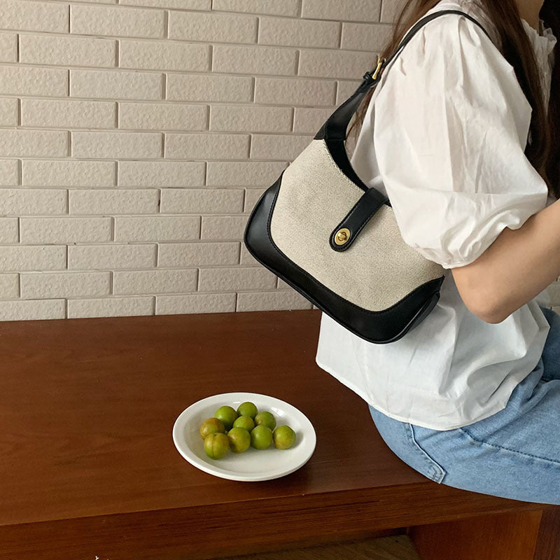 2026 new bag retro French canvas patchwork shoulder bag color bump handbag
