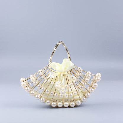 Pearl Hollow Copper Tube Beaded Fan Shape Ladies Dinner Clutch Hand Braided Bag Niche High Quality Handbag
